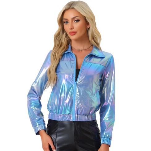 Inspire Chic Women's Holographic Shiny Long Sleeve Metallic Zip Front ...