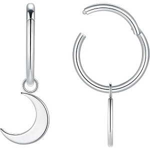 316L Stainless Steel Huggie Hoops with Moon Charm | Silver Dangle Earrings - 1 of 4