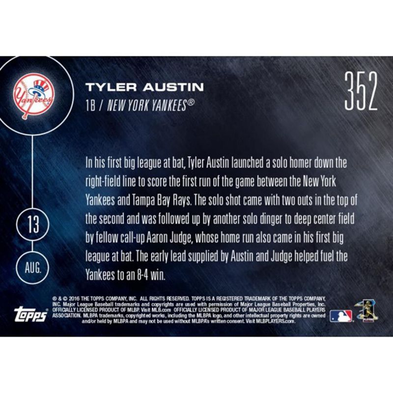 Topps MLB Topps NOW Card 436 NY Yankees Tyler Austin Call-Up Trading Card, 2 of 3