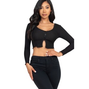 Slickblue Women's Ribbed Long Sleeve Button-Front Top, Cropped Fit, Casual Stretch Style, 10 Color Options, Size S-L - 1 of 4