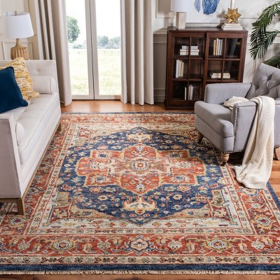 Navy and Rust Hand-Knotted Wool 8' x 10' Traditional Area Rug