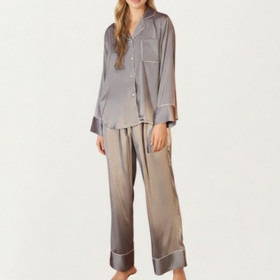 Anna-Kaci Lounge Women's 2-Piece Set Satin Long Sleeve Button-Front Pajama Top and Relaxed Fit Pants