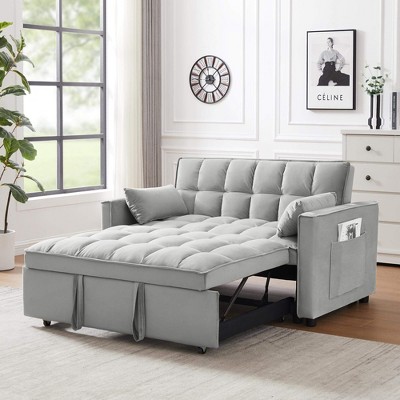 ORRD Modern Gray Velvet Loveseat Futon Sofa Bed, 3-in-1 Convertible Couch with Pull-Out Bed, Reclining Backrest, Pillows & Side Pockets