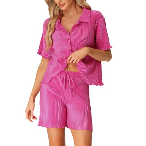 Cheibear Women's Pleated Short Sleeve Button Down Outfits Set Casual  Loungewear Hot Pink X-large : Target