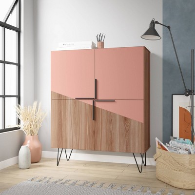 Brown and Pink Mid-Century Modern Low Cabinet with Hairpin Legs