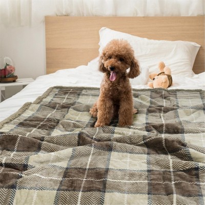 Large Plaid Taupe Waterproof Sherpa Fleece Outdoor Pet Blanket