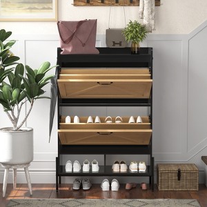 CuisinSmart Farmhouse Shoe Storage Cabinet with Metal Legs, Narrow Hidden Shoe Rack with 2 Flip Drawers, Shoe Organizer for Entryway, Black +Wood - 1 of 4