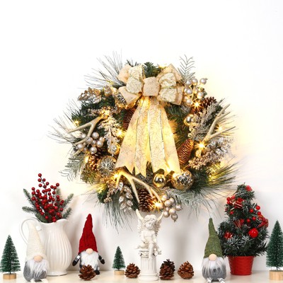 Christmas Wreath with Timer, Xmas Wreath with Light Antlers Bowknot Pine Cones Balls, Wreath for Front Door Indoor Outdoor Holiday Decor