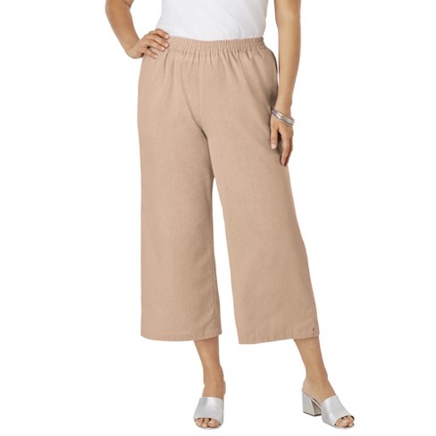 Jessica London Women's Plus Size Wide Leg Linen Crop Pants Elastic Waist -  24 W, New Khaki Beige
