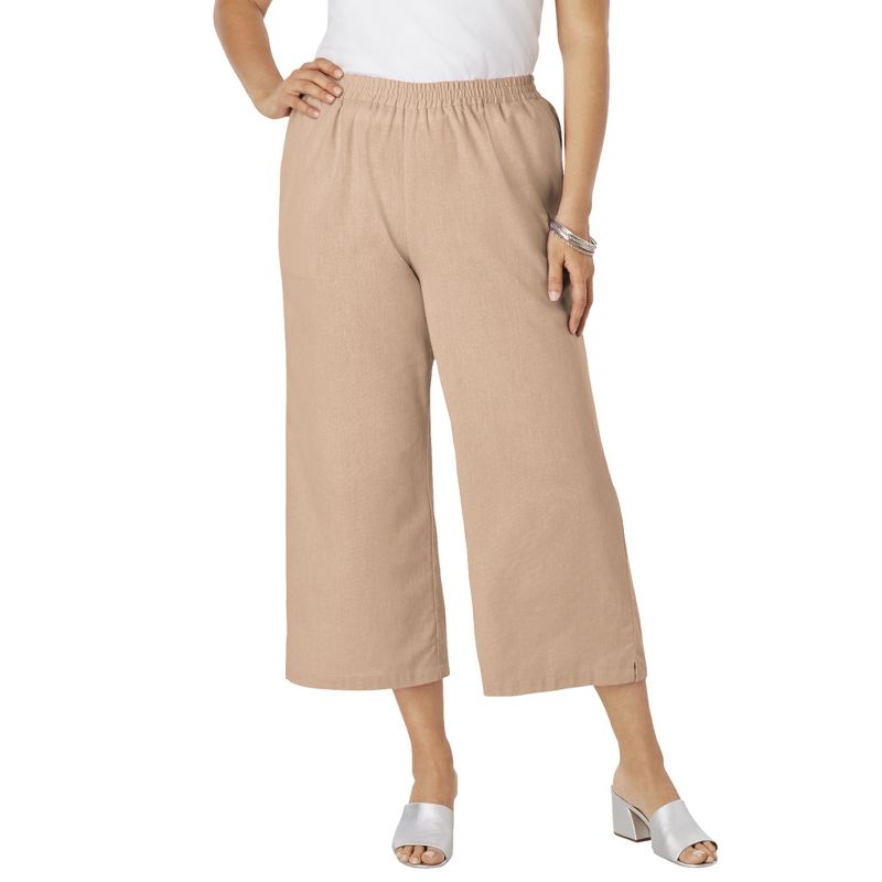 Jessica London Women's Plus Size Wide Leg Linen Crop Pants Elastic Waist, 1 of 2