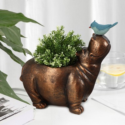 Brown Hippo and Blue Bird MGO Flower Pot Planter