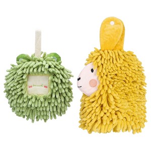 REGALWOVEN Absorbent Soft Chenille Cartoon Alpaca Fuzzy Ball Bathroom Hanging Hand Towels 7" x 7"/7" x 11" 2 Pcs - 1 of 4