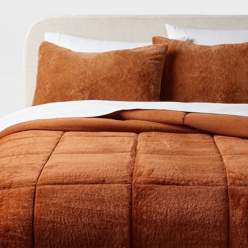 Luxe Box Stitch Faux Rabbit Fur Comforter And Sham Set Brown Threshold Target
