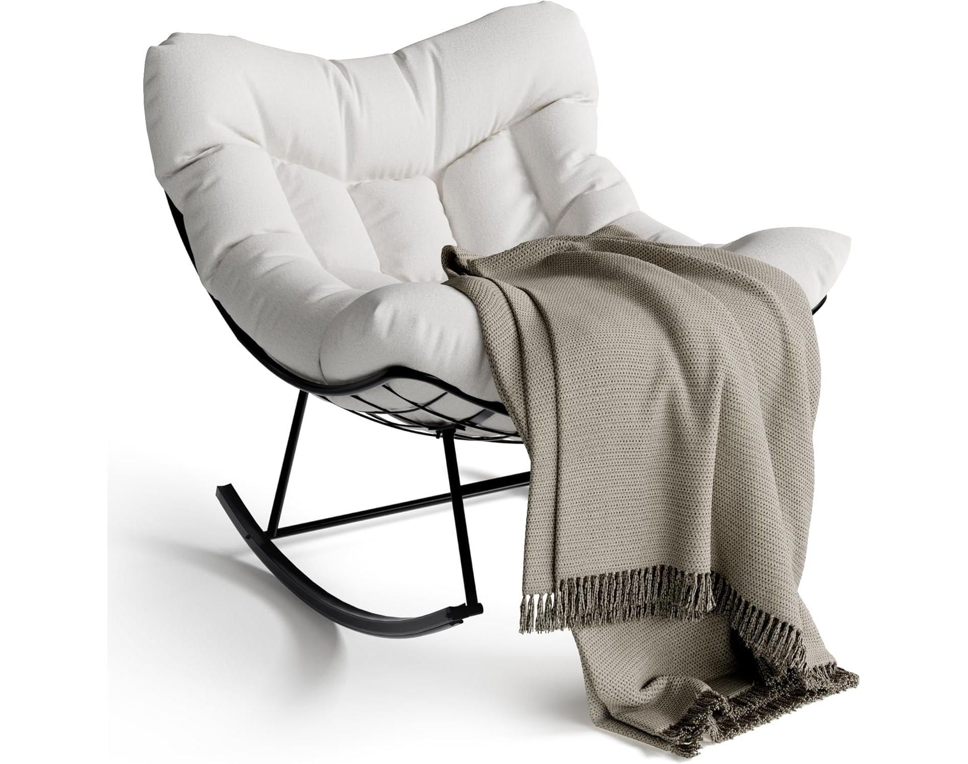 Outdoor Papasan Rocking Chair with Sturdy Metal Frame, Oversized Rattan Egg Rocker for Patio Balcony Backyard Porch Bedroom, White