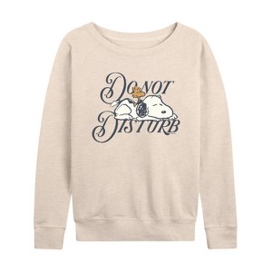 Women's - Peanuts - Do Not Disturb Snoopy -Women's French Terry Long Sleeve T-Shirt Lightweight French Terry Wide Neck Long Sleeve Shirt - 1 of 4
