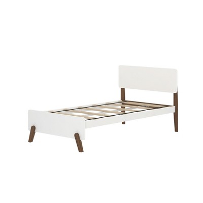 Mid-Century Modern Twin Platform Bed with White and Walnut Wood Frame