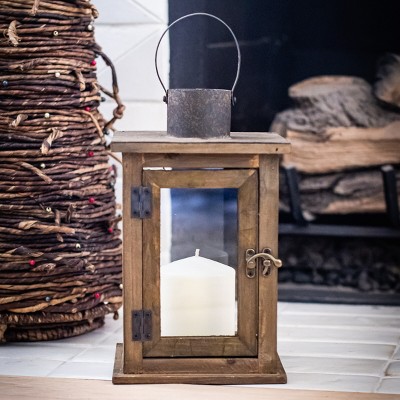 Rustic Farmhouse Wood and Bronze Hurricane Candle Lantern, 12"