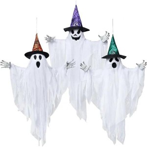 3 Pack 24.8" Halloween Hanging Ghost Decorations, Halloween Flying Ghost w/ Hats for Haunted House Graveyard Scene, Spooky Indoor & Outdoor Decor - 1 of 4