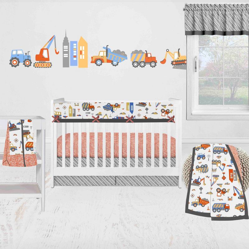 Bacati - Construction Yellow Orange Blue Gray 6 pc Crib Bedding Set with Long Rail Guard Cover, 1 of 10