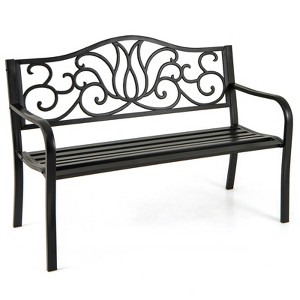 Tangkula 2-person Metal Bench w/ Floral Pattern Slanted Backrest Slatted Surface Black - 1 of 4