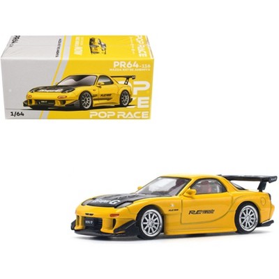 Mazda RX7 (FD) "RE Amemiya" Widebody RHD (Right Hand Drive) Yellow with Carbon Hood 1/64 Diecast Model Car by Pop Race