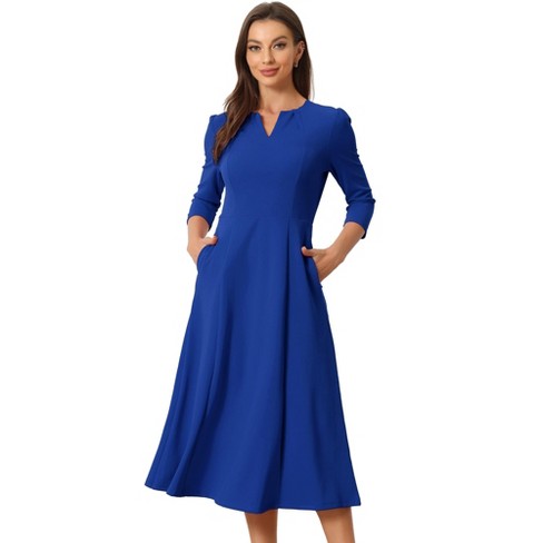 INSPIRE CHIC Women s Elegant Split Neck Side Zipper Pockets 3 4 Sleeve Work A Line Dress Royal Blue Medium