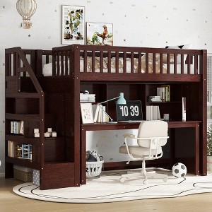 Twin/Full Size Loft Bed with Movable Desk, Storage Stairs & Shelves - ModernLuxe - 1 of 4