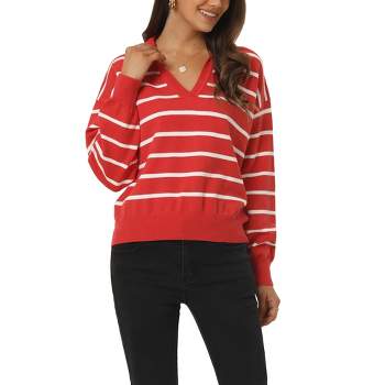 Seta T Women's Fall Casual Striped Long Sleeve Polo V Neck Pullover Drop Shoulder Knitted Sweater Tops