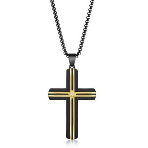 Metallo Stainless Steel Black & Gold Lined Single CZ Cross Necklace - Black - 24 Inch - 1 of 3