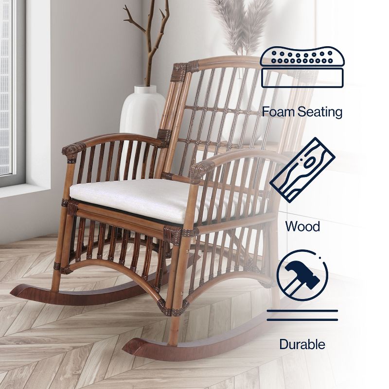 JONATHAN Y Swayze Bohemian Farmhouse Woven Rattan/Wood Rocking Chair, Cushion with Frame, 5 of 10