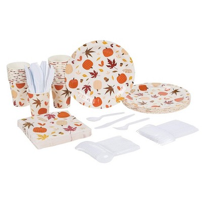 Juvale 144 Piece Thanksgiving Fall Disposable Party Supplies Serves 24 - Plate, Napkin, Cup & Cutlery