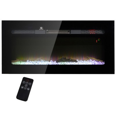 HOMCOM 40" Electric Fireplace Heater Recessed or Wall Mounted with Remote Control, 8H Timer, Adjustable Flame Color and Brightness, Log and Crystal