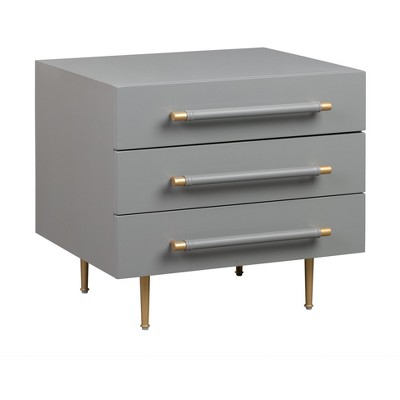White 3-Drawer Nightstand with Brass Accents and Tapered Legs
