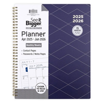 See It Bigger 15" April 2025 to June 2026 Monthly/Weekly Planner Large Blue with Lines