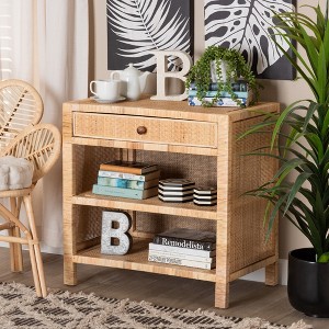 bali & pari Bella Modern Bohemian Natural Brown Mahogany Wood and Natural Rattan 1-Drawer End Table - 1 of 4