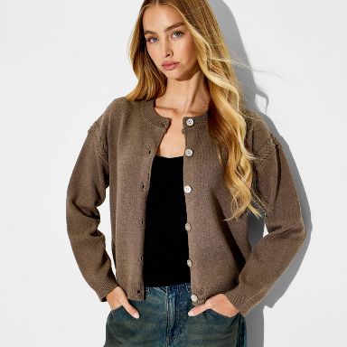 Women's Crewneck Cable Trim Cardigan - Wild Fable™ Brown XXS