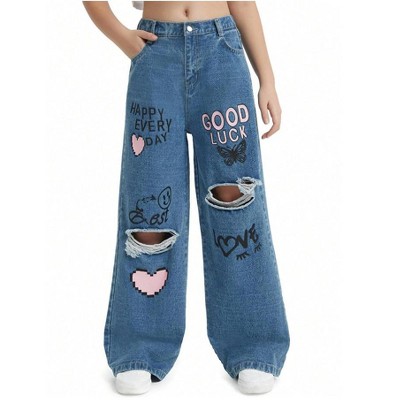 Mocamel Girl's Printed Wide Leg Ripped Casual Jeans with Pocket and High Waist Elastic Band