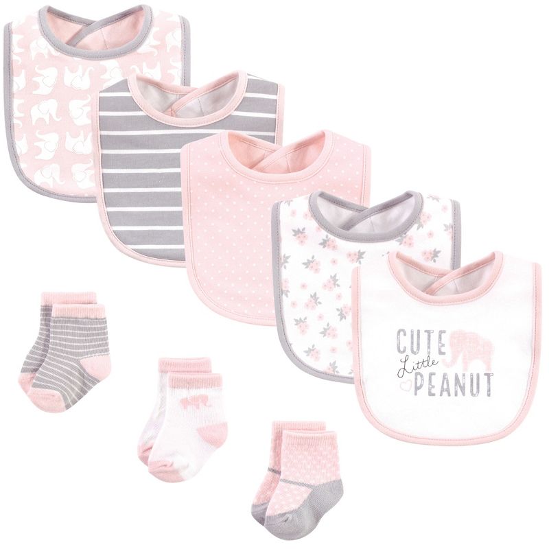 Hudson Baby Infant Girl Cotton Bib and Sock Set 8pk, Pink Elephant, 1 of 4
