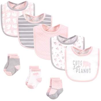 Hudson Baby Infant Girl Cotton Bib and Sock Set 8pk, Pink Elephant