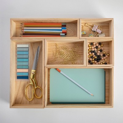 Martha Stewart 6pc Wooden Desk Drawer Organizer Set In Natural Wood: Desk Organization, Drawer Organization, Brown Wood