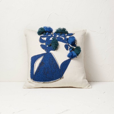 Cotton Lumbar Pillow with Embroidered Curved Pattern & Tassels, Cream Color & Blue