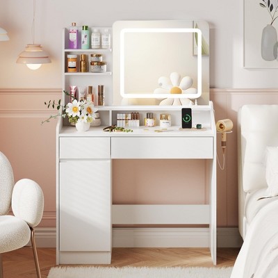 Makeup Vanity Desk with Lighted Mirror, Power Outlet, 2 Drawers and Cabinet