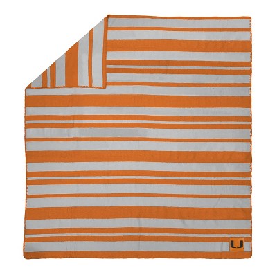 NCAA Miami Hurricanes Acrylic Stripe Throw Blanket with Faux Leather Logo Patch