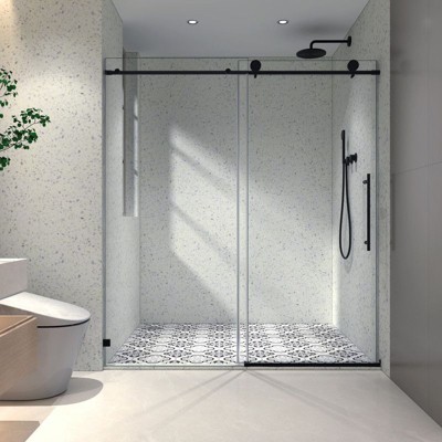 PexFix 76 in.x 60 in. Frameless Single Sliding Shower Door 8mm Tempered Glass With Adjustable Soft Closing Design for Spa Bathroom Matte Black