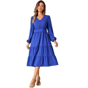 INSPIRE CHIC Women's V Neck Lantern Sleeve Ruffle Flowy A-Line Elegant Midi Dress - 1 of 4
