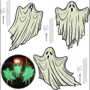 Glow in the Dark Metal Lawn Ghosts w Stakes (3 Unique Tombstone Designs. 17 Inches) Weatherproof, Durable, Outdoor Halloween Haunted House Lawn Decor - 1 of 4