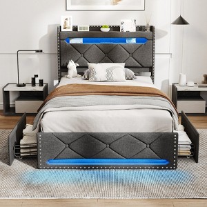 Bed Frame with 4 Drawers and Storage Headboard, Upholstered Platform Bed - 1 of 4