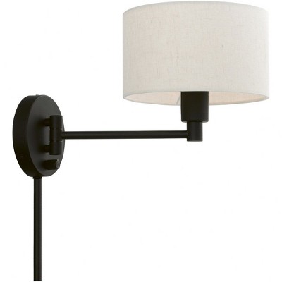 Transitional Black Swing Arm Wall Lamp with Oatmeal Fabric Shade