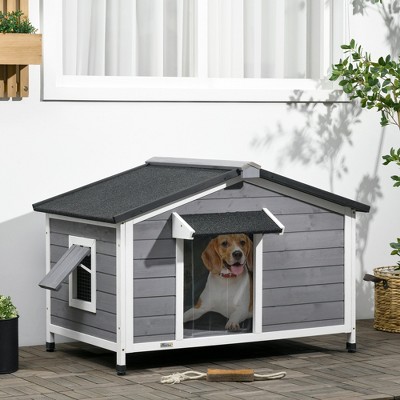 Gray Wooden Cabin Style Raised Dog House with Openable Roof