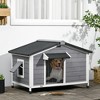 PawHut Dog House Outdoor, Wooden Cabin Style Raised Dog Kennel Shelter with Openable Roof, Removable Bottom, Windows, Curtain, Foot Covers, Gray - 2 of 4